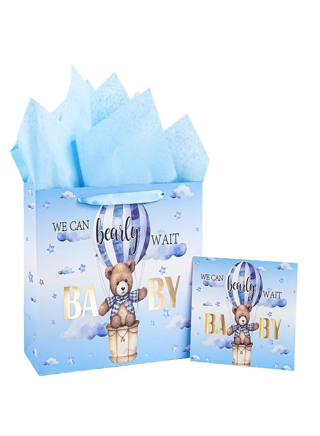 LeZakaa Baby Boy Gift Bag Blue Bear, Hot Air Balloon We Can Bearly Wait BABY Goil Foil Design with Tissue Paper and Greeting Card for Baby Shower, New Parents, 13" x 10" x 5", 1 Pcs - Image 1